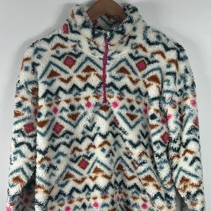 Eddie Bauer Plush 1/4 Zip Aztec Pullover Top Fleece Faux Fur Women’s Size Large